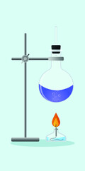 Laboratory round flask with a reagent on a tripod. Chemical reaction. Burner heating. Scientific research. Vector illustration