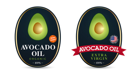 Set of emblems and labels for avocado oil packaging. Ripe avocado with pit. Non-GMO avocado oil production concept. Extra virgin oil