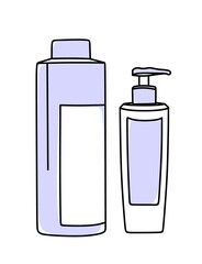 Hair care products. Shampoo and conditioner for hair. In very peri color Vector illustration in doodle style.
