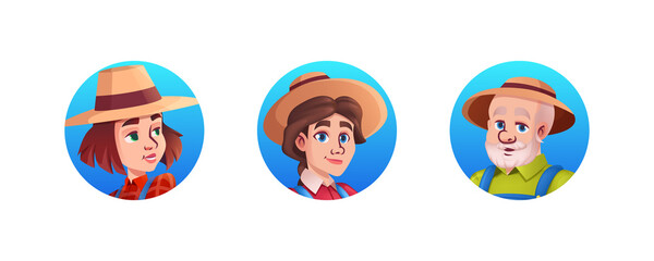 Woman and man avatar farmer in straw hat on blue background. Face portrait of gardener people. Agronomist person on farm or garden cartoon vector illustration. Countryside harvest concept.