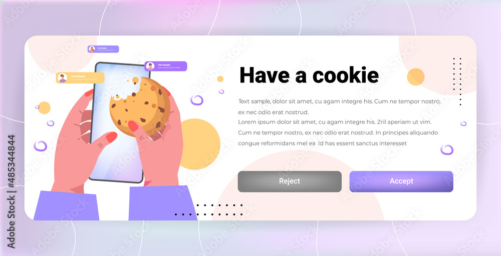 Aufkleber hands holding smartphone and cookie protection of personal information internet web pop up we use co