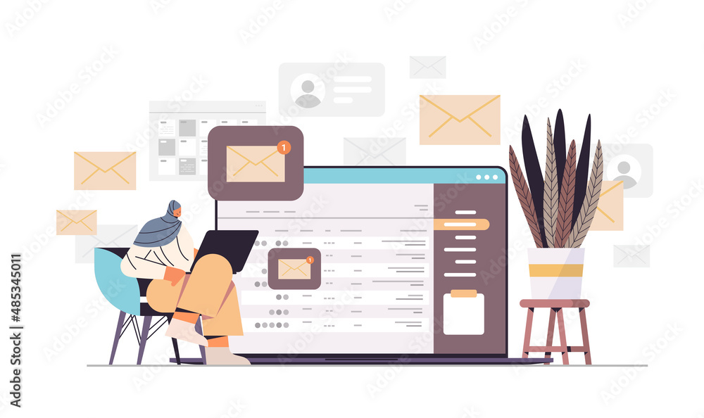 Poster arab businesswoman sending or receiving letters email inbox message notification new unread mail bus