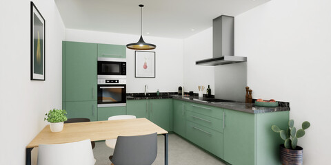 Vue 3d cuisine verte sol gris et plan marbre