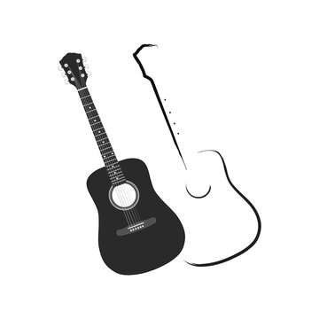 recommend clip art: silhouette and contour illustration of acoustic guitars. Icons of musical instrument for music shop design, ads