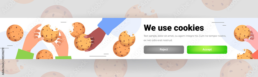 Poster hands holding cookie protection of personal information internet web pop up we use cookies policy no
