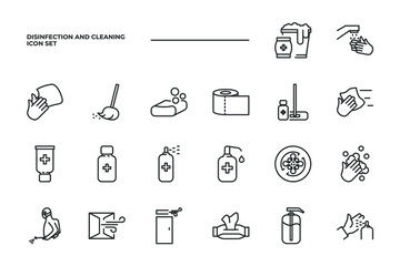 simple set of Disinfection and Cleaning vector icons with editable line styles covering Hand washing, wipes, Sanitizer and other. isolated on white background. 