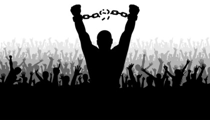 Silhouette of man breaks chain of handcuffs on background of cheerful crowd people. Concept of freedom. Vector illustration.