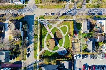 Aerial vertical of Voices of Freedom Memorial in Niagara-on-the-Lake, Ontario, Canada