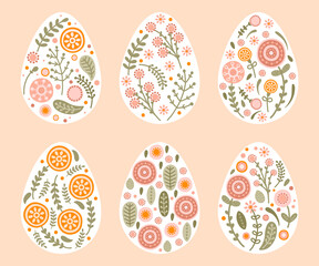 Set cute Easter eggs with floral in pastel colors. Illustration colorful Easter eggs in flat style. Vector