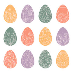 Set silhouettes Easter eggs with spring flowers, leafs and branch. Illustration colorful and minimalistic Easter eggs. Vector
