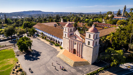 The historic Santa Barbara Spanish Mission in California, USA 2022. photo from the drone - obrazy, fototapety, plakaty