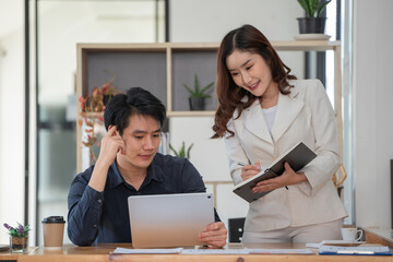 Young business team working with business report document on office desk. Brainstorming Business People Design Planning, Brainstorming Planning Partnership..