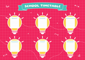 School timetable with lamps. Lessons weekly planner. Template for child planners. Weekly classes schedule. Vector illustration.