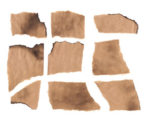 Set Burnt cardboard scraps. Small craft stickers. Ragged eddges paper