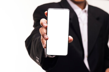 Businessman show display of smartphone with blank screen.