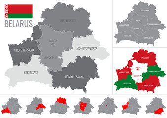 Detailed vector map of regions of Belarus with flag