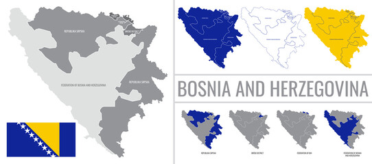 Detailed vector map of regions of Bosnia and Herzegovina with flag