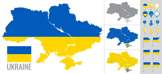 Ukraine vector map with flag, globe and icons on white background
