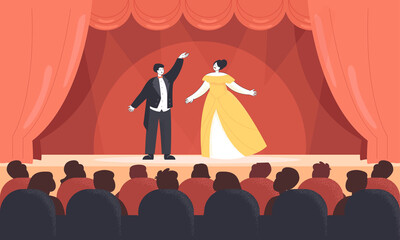 Poster or invitation for opera performance in theatre. Audience watching cartoon tenor singers on stage performing drama or tragedy flat vector illustration. Music, performance concept for banner - obrazy, fototapety, plakaty