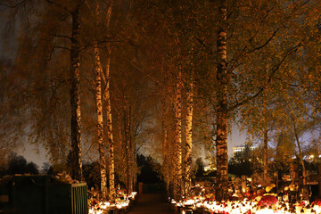 cmentarz w nocy ,świeczki i drzewa