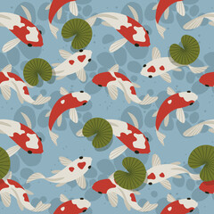 Pond with koi fish. Seamless pattern on a blue background.
