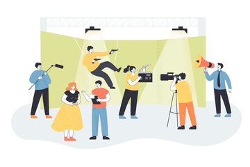 Naklejka premium Camera crew filming stunt double shooting guns. Casting for role inside building, filming location flat vector illustration. Cinema, film production concept for banner, website design or landing page