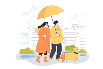 Husband and wife walking dog in downpour. Cloudy day, people in park with puppy while raining, buildings of city in background flat vector illustration. Outdoor activities, pets, bad weather concept
