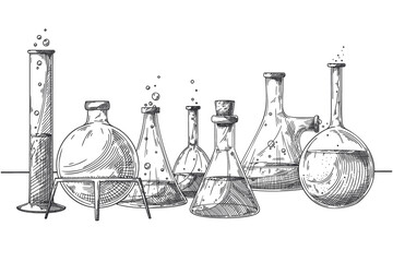 Sketch of objects of a chemical laboratory. Glassware for a chemical experiment. Vector pharmaceutical flasks, beakers and test tubes. - 485352082