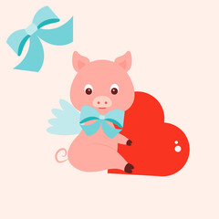 A cute piggy with a heart, a bow and wings behind his back for Valentine's Day!