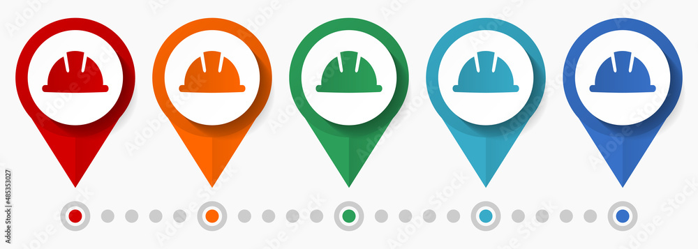 Poster helmet, worker concept vector icon set, flat design work pointers, infographic template