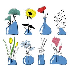 set of minimalistic blue glass vases with plants, flowers and leaves. Scandinavian floral line art elements for textile, fabric, posters, postcards