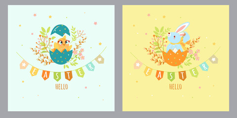 Cute bunny and chick sitting in an easter egg surrounded by spring flowers with happy easter text. Easter colorful illustration - lettering - hello easter.