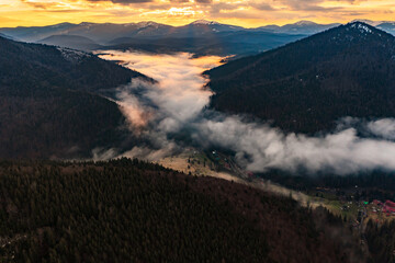 Sunrise in the Carpathians, misty mountains and spruce forests in the nature park.