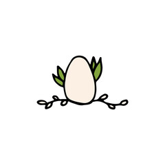 hand drawn color element for easter, decorated easter egg with flowers and leaves