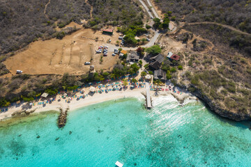 Aerial view of coast scenery with the ocean, cliff, and beach around Porto Mari  area, Curacao, Caribbean