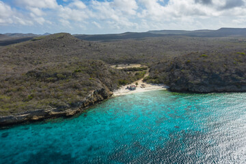 Aerial view of coast scenery with the ocean, cliff, and beach around Porto Mari  area, Curacao,...