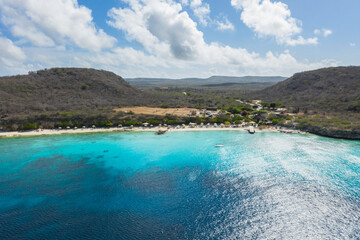 Aerial view of coast scenery with the ocean, cliff, and beach around Porto Mari  area, Curacao,...