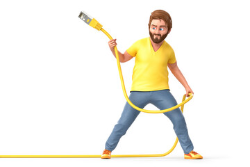 Casual dressed man holding network cable. Isolated on white background. 3D Rendering - obrazy, fototapety, plakaty