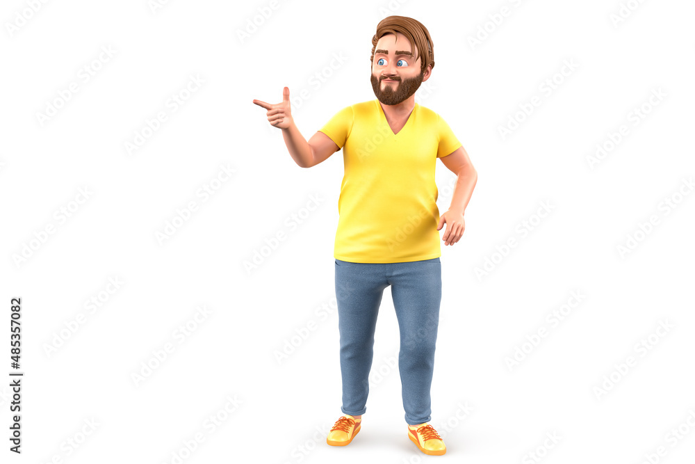 Aufkleber handsome man pointing at something on white background. 3d rendering
