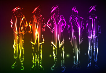 Hand-drawn fashion model from a neon. A light man set.