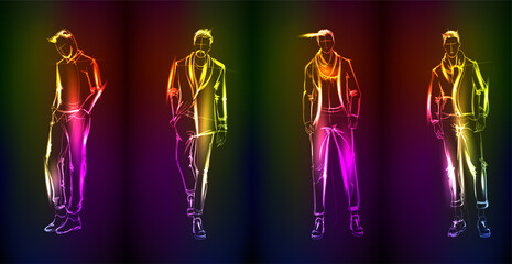 Hand-drawn fashion model from a neon. A light man set.