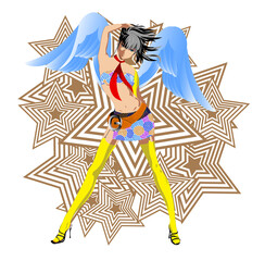 Vector cartoon hand drawn illustration of beautiful cute and happy angel, girl, woman with wings