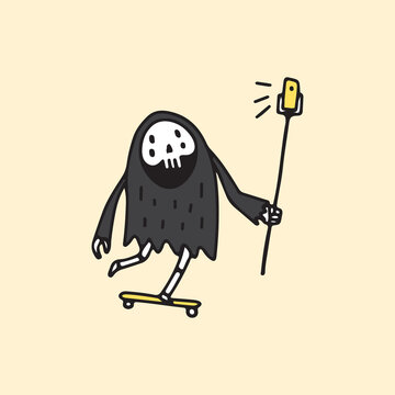 recommend clip art: Grim reaper Skull  riding a skateboard and take a selfie, illustration for t-shirt, poster, sticker, or apparel merchandise. With cartoon style.