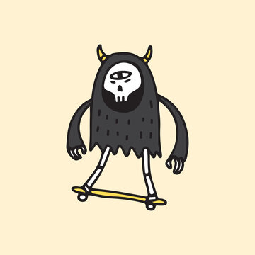 recommend clip art: Cute Grim reaper Skull with one eye and riding a skateboard, illustration for t-shirt, poster, sticker, or apparel merchandise. With cartoon style.