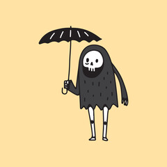 Retro Grim Reaper Skull with umbrella, illustration for t-shirt, poster, sticker, or apparel merchandise. With cartoon style.