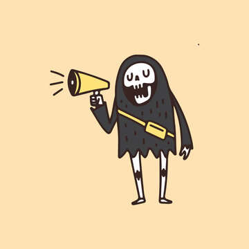 Grim Reaper Skull wearing waist bag and holding megaphone, illustration for t-shirt, poster, sticker, or apparel merchandise. With cartoon style.