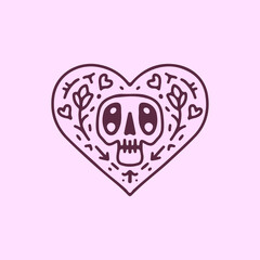 Skull  flowers and heart, illustration for t-shirt, poster, sticker, or apparel merchandise. With hipster style.