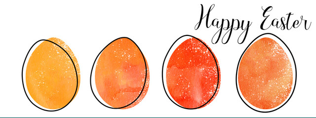 Happy Easter background web banner wide panoramic greeting card template - Orange red Easter eggs watercolor aquarelle set and handrawing lettering, isolated on white texture
