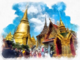 Fototapeta premium Landscape of the Grand Palace, Wat Phra Kaew in Bangkok watercolor style illustration impressionist painting.