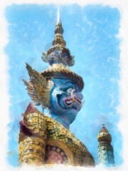 Ancient giant statue in the Grand Palace, Bangkok watercolor style illustration impressionist painting.